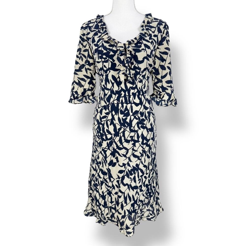 Vintage I.C.E. Women's 100% Silk Beaded Ruffle Dress Size 12 Petite Navy